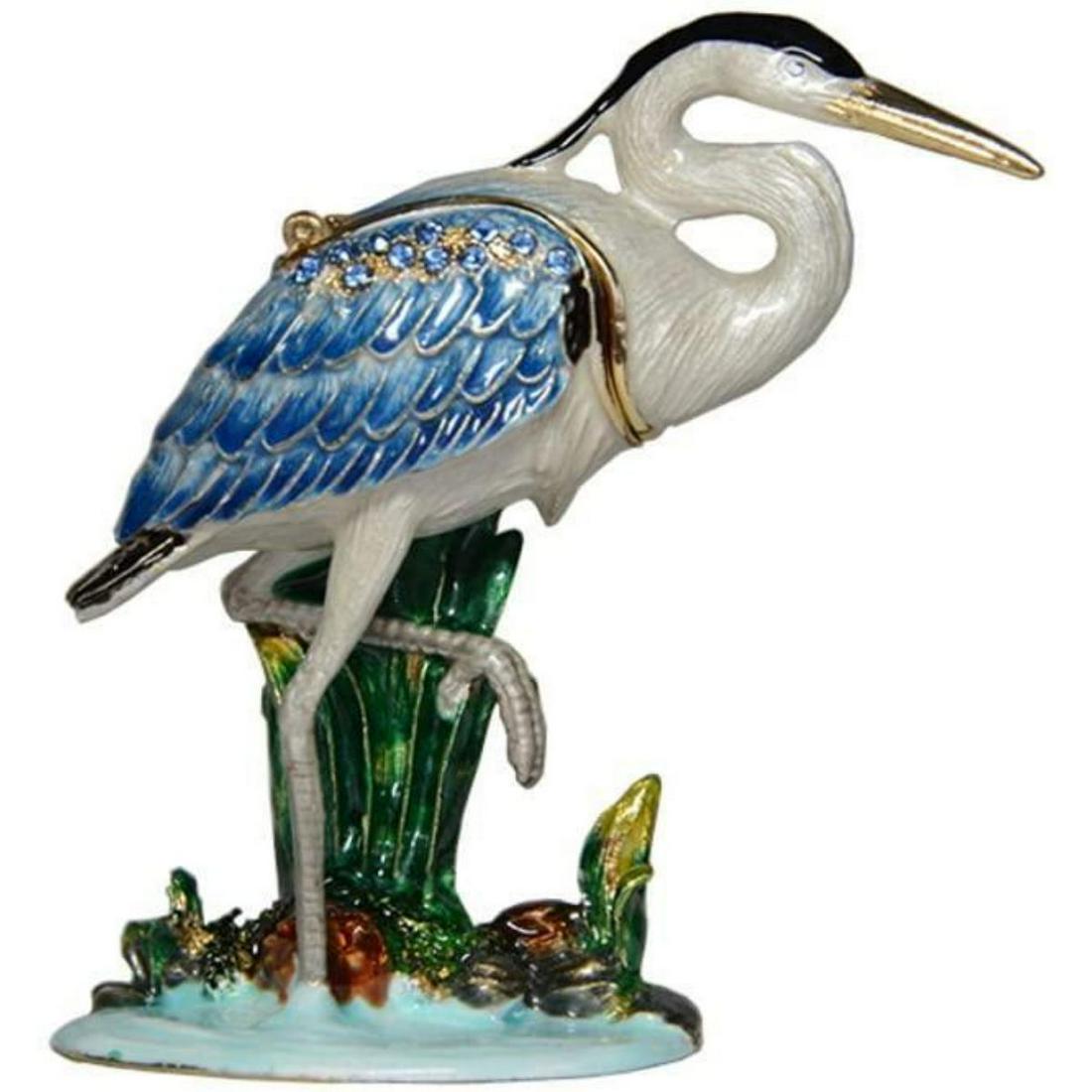 Little Blue Heron Trinket Jewel Box: Little Blue Heron trinket jewel box. Enamel & gilt over pewter, with embedded Austrian crystals. The head/ neck of the bird lifts up to reveal an enameled interior for storing trinkets or jewels. 3 1/