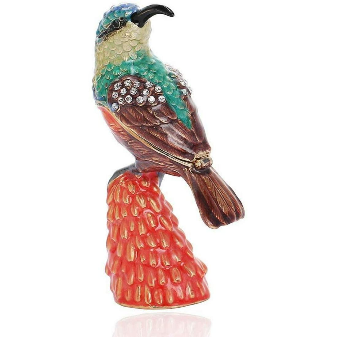 Hummingbird Enamel & Crystal Figurine Trinket Jewel Box: Hummingbird figurine trinket, jewel box. Enamel & gilt over pewter, with embedded Austrian crystals. The top of the birds lifts back to reveal a hidden enameled compartment, closes on a hinge & secure