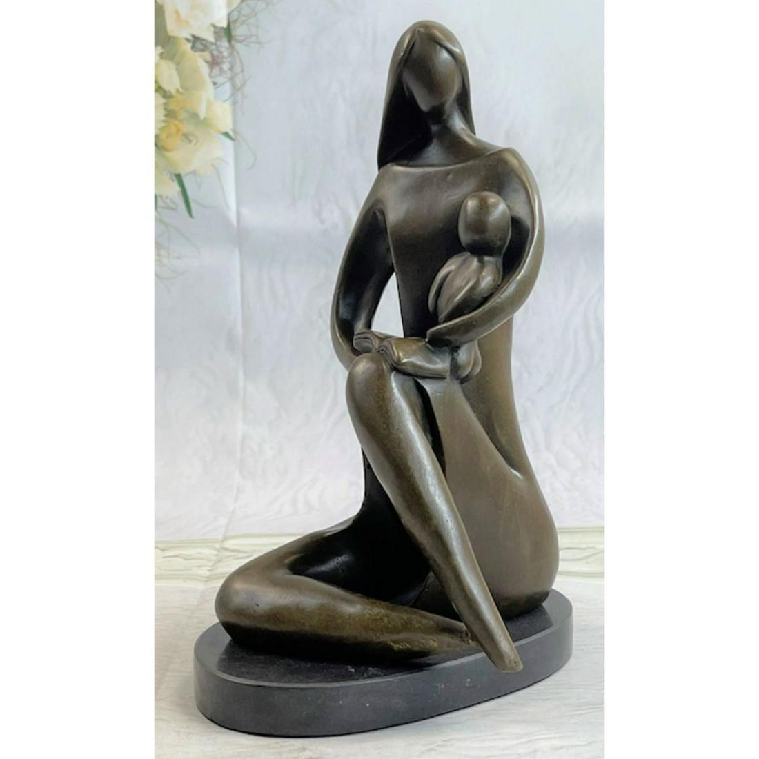 Mid Century Style Mother With Child Bronze Sculpture: Mid Century Abstract style sculpture, Mother reading to Child. Lost wax casting method bronze, with brown patina, mounted on a marble base. Signed by the artist, on reverse side, Milo. 11" H X 6" W. 9