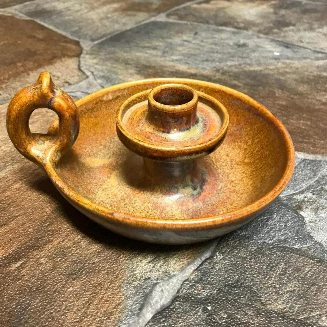Rare W. J. Gordy Pottery Candlestick: Rare, stamped "Hand Made by W. J. Gordy" vintage mid-1970's Art Pottery, finger candlestick holder, chamber stick in Mountain Gold #1. Approx diameter 5 1/2" & 3" height. William J. ( Bill ) Gordy ( b
