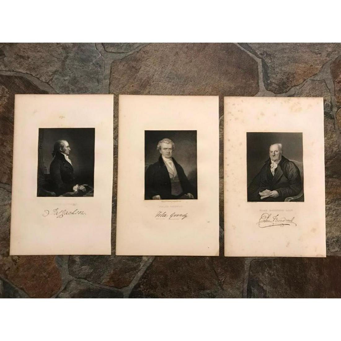 Group of Engravings, 18thc Famous Revoltionary Patriots: Group of 19th Century steel engravings of 18th Century famous gentlemen, from an 1859 book. 6 1/2" X 10 1/2" each. Engravings include: - James Jackson, Elias Boudinot & Felix Grundy. James Jackson was