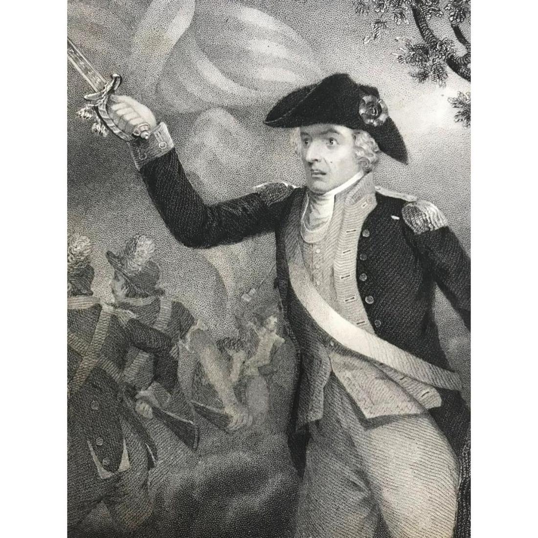 19th Intaglio Engraving, General Francis Marion, The Swamp Fox: 1859 intaglio engraving, bookplate of General Francis Marion, "The Swamp Fox" at the battle of Eutaw Springs, engraved by TB Welch from an original drawing by JB Longacre. 6 1/2" X 9 1/2".