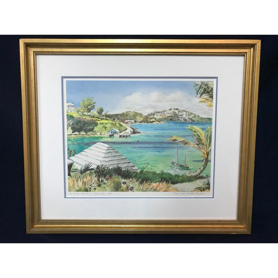 Signed Limited Lithograph, View Over Castle Harbour, Bermuda: Limited Lithograph, "View Over Castle Harbour" hand signed & dated in pencil by listed artist, Jill Amos Raine, 1999. Double matted with gold frame. 17" X 20". *frame without glass. Castle Harbour is 