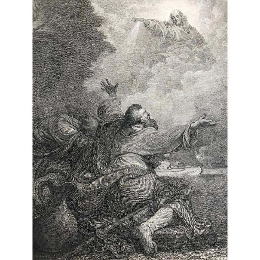 19thc Steel Engraving, Jesus Appearing in Clouds: 19th British antique steel engraving, biblical sceneÃ‚ of Jesus appearing to one of his disciples in clouds. Displayed within 7" X 8 1/4" in 11 1/2" X 18" portfolio.Ã‚