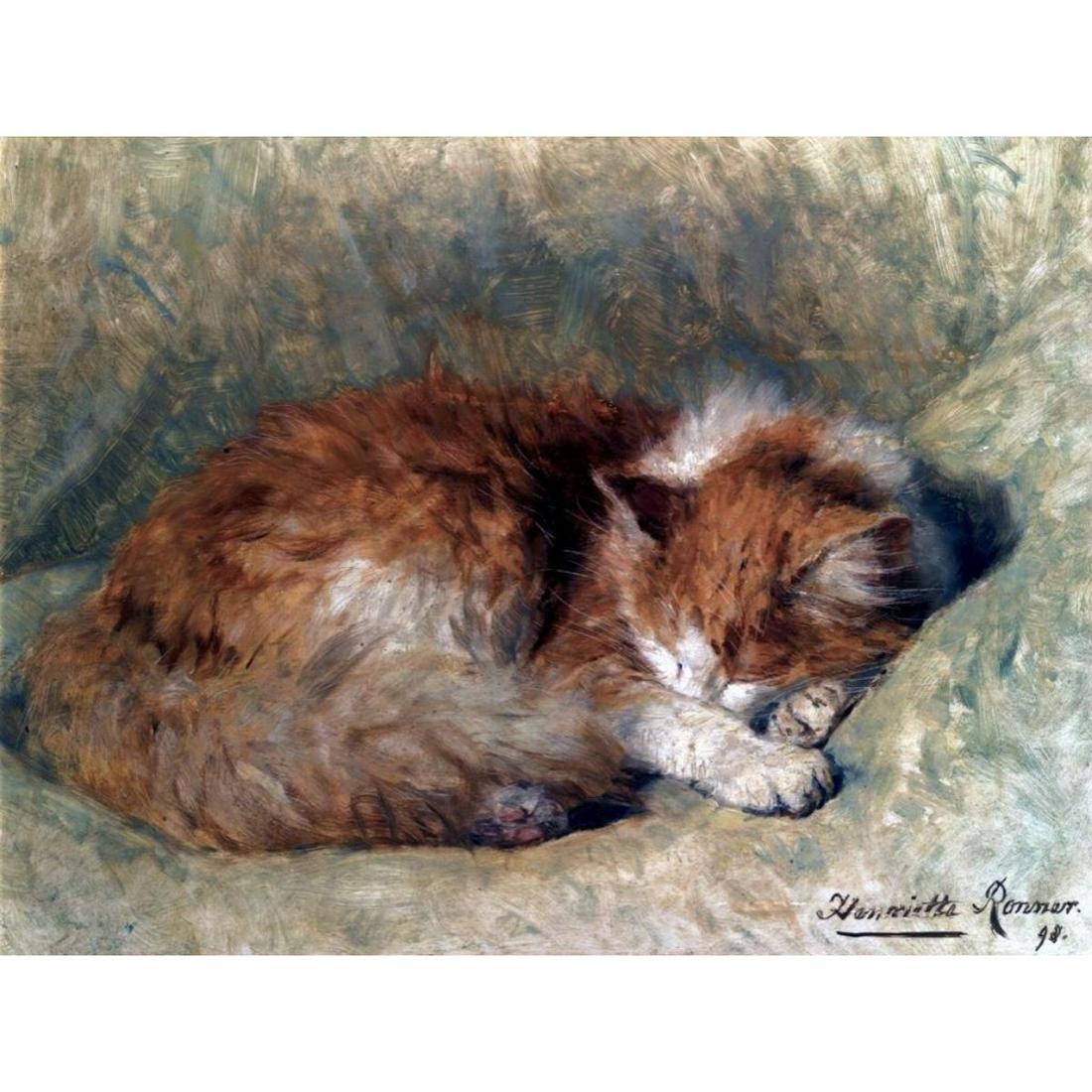 After Henriette Ronner-Knip, A Sleeping Cat Ceramic Art Tile: After the original 1898 painting, A Sleeping Cat, by Henriette Ronner-Knip, glossy ceramic art tile. 6" X 8".