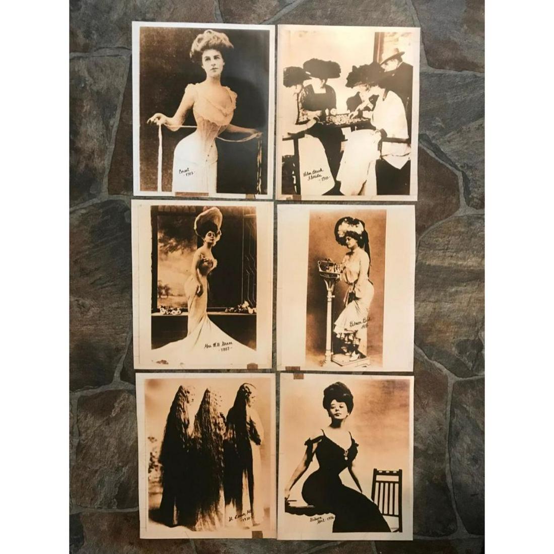 Early 1900's Gibson Girls Photo Prints: Group of 6 sepia-tone photo prints of Late 1800's - early 1900's women. Created in the early 1990's, printed on a thin photo paper. Approx 8" X 10" each, suitable for framing. Scenes include: Palm Bea