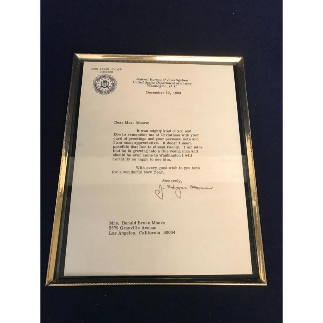 1963 FBI, J. Edgar Hoover Signature, Letter: Typed letter on John Edgar Hoover, FBI Washington DC stationary, dated December 30, 1963. Letter sent to the mother of a young man named Don, thanking her for the Christmas card sent. J. Edgar Hoover 