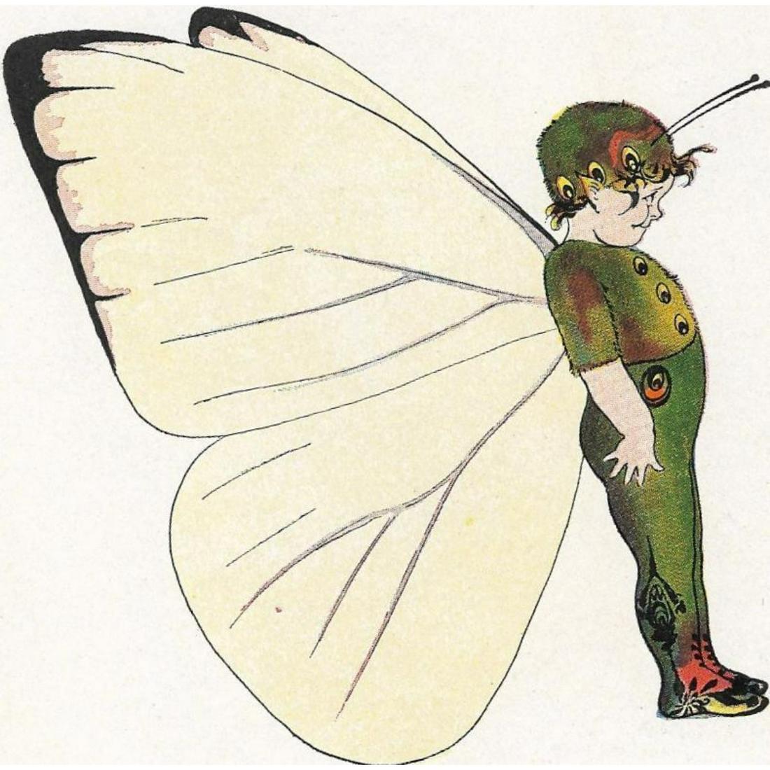 RARE 1914 Butterfly Babies Lithograph, Great Southern White: Rare 1914 Butterfly Babies Lithograph, Great Southern White, from an edition of The Butterfly Babies by Elizabeth Gordon, illustrations by Penny Ross. 6" X 8.75".
