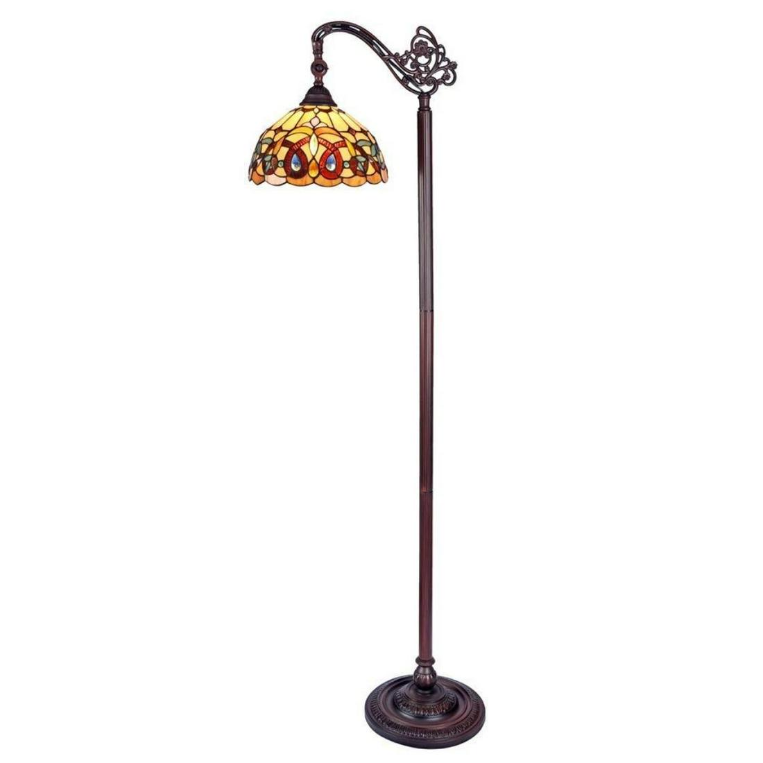 Tiffany Style Stained Art Glass Reading Lamp: Tiffany-style, stained art glass, standing library reading lamp, created using over 225 pieces of stained art glass, glass beads & crystals, wrapped in copper foil, with a dark bronze finish. 62" H X