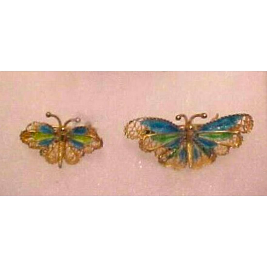 Vintage Matched Pair, Silver & Enamel Guilloche Filigree Butterfly Brooches, Pins (1 of 1)