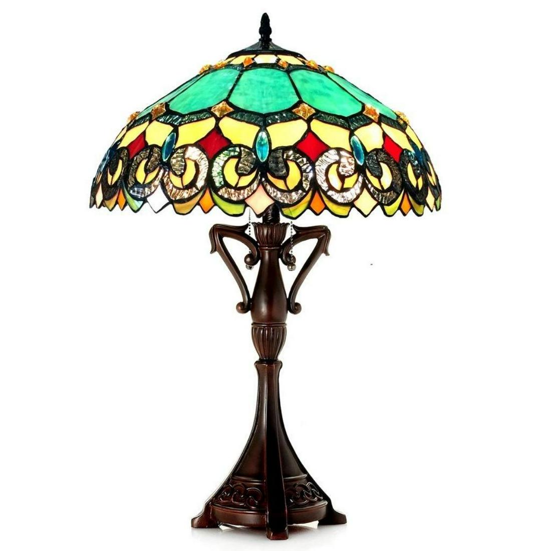 Victorian Style Stained Art Glass Table Lamp: Victorian-style stained art glass, 2 light, table lamp. Created using over 350 pieces of stained art glass & glass beads wrapped in copper foil, with a dark antique bronze finish. 26" H X 18" W.