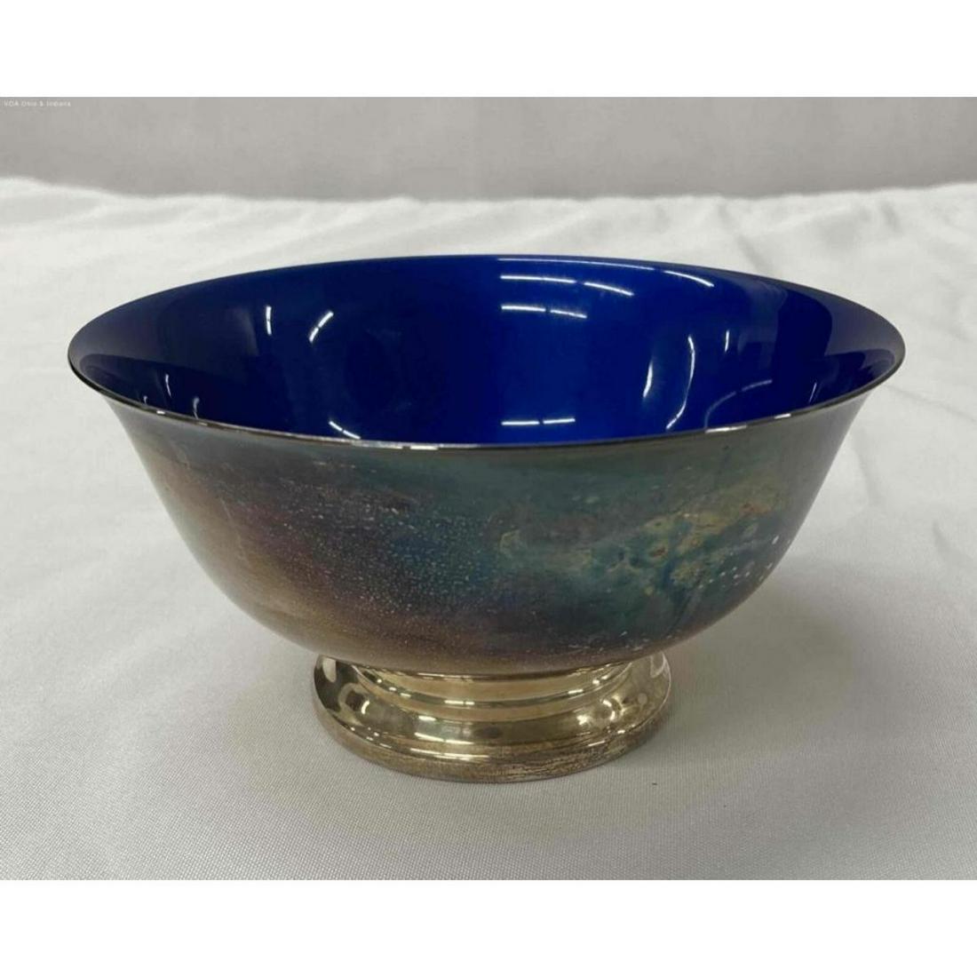 Reed Barton Enamel Silverplate Bowl: Reed & Barton azure blue enameled Paul Revere silver-plate over copper serving bowl. Numbered 102. 5.25" x 2.75" x 3".