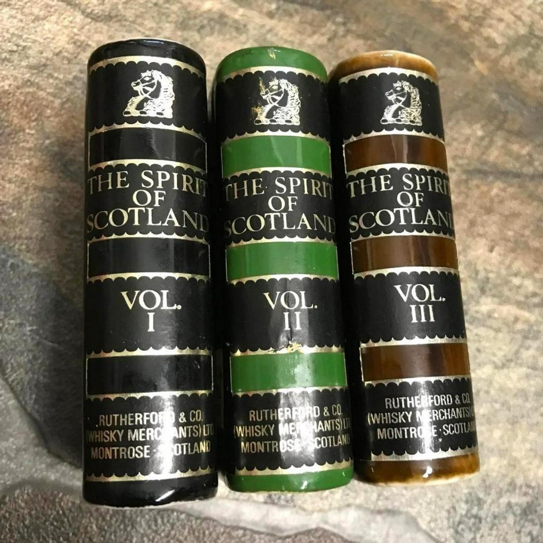 Vintage Ceramic Scotch Whiskey Book Flasks: Little vintage ceramic book volumes, liquor, scotch whiskey flasks, empty decanters. Volumes I, II, and III, in excellent condition with no chips, cracks, etc. and have their original caps. and labels