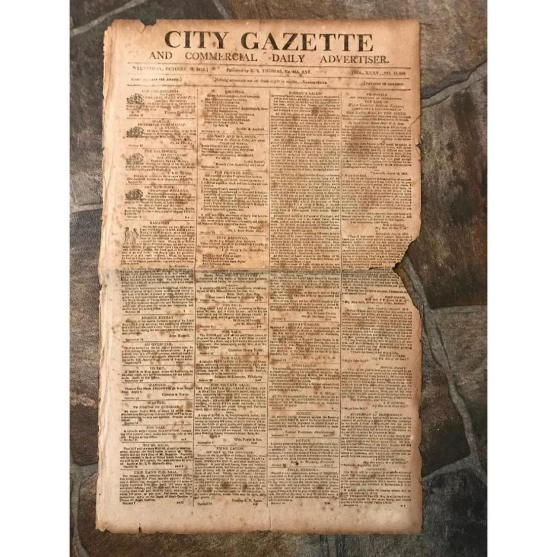 200+ Year Old Newspaper, 1815 Charleston City Gazette: 200+ year old newspaper, The City Gazette And Commercial Daily Advertiser. Published in Charleston SC by E.S. Thomas. Fascinating look into the Southern port town of Charleston only months after the e