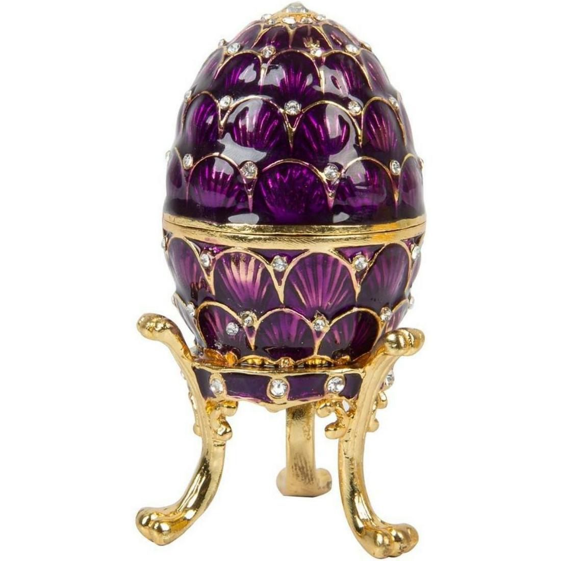 Russian Purple Enamel Acorn Trinket Box Egg: Hand-painted Russian enamel & gilt over pewter, acorn-style, tri-footed, trinket, jewel box egg with embedded Austrian crystals. The top of the egg lifts up on a hinge to reveal an enameled interior f