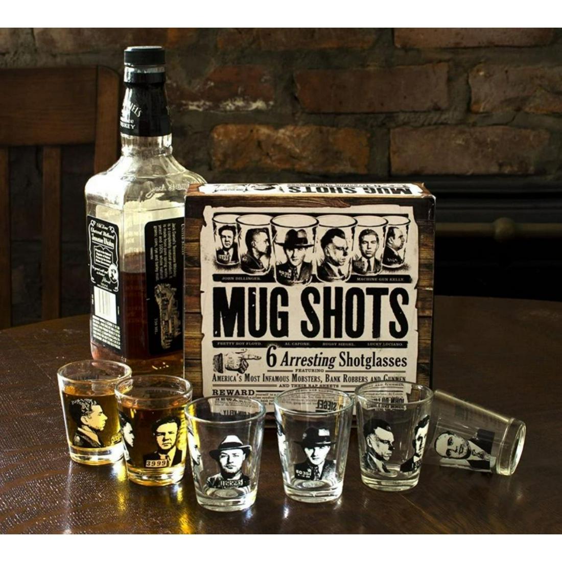 Set of Gangster Mug Shots Novelty Shotglasses: Novelty shot glass set of 6 featuring the arrest mugshots of famous gangster, mobsters, bank robbers & gunmen, including: Al Capone, Lucky Luciano, Machine Gun Kelly, John Dillinger, Bugsy Siegel & Pr