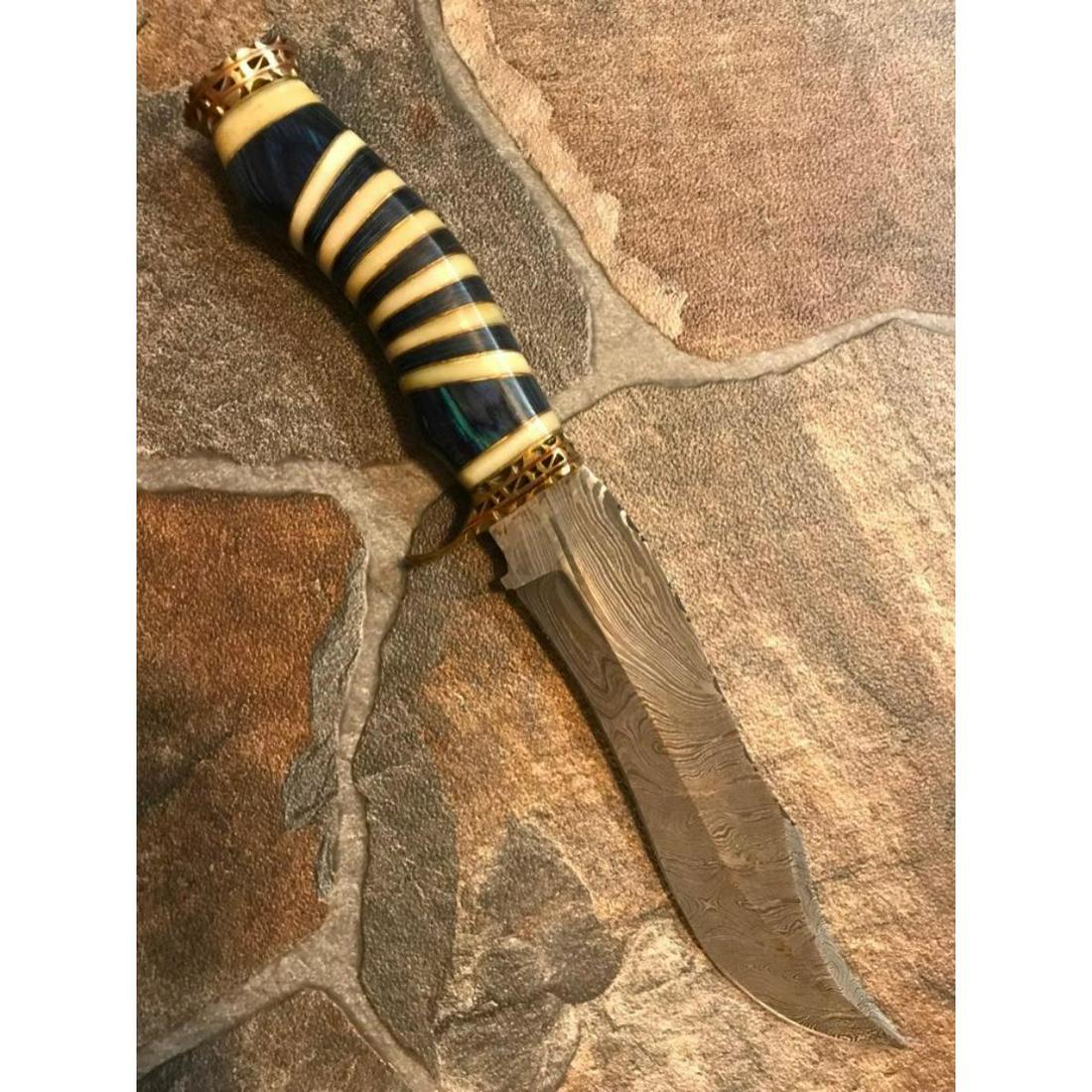 Custom Damascus Bowie Knife Wood Bone Handle: Custom made bowie knife with 7" Damascus steel blade with nice file wor, made of 512 layers of 4340 stainless steel and 1075 high carbon steel and hardness 55-58 HRC. Robust knife is lab tested under