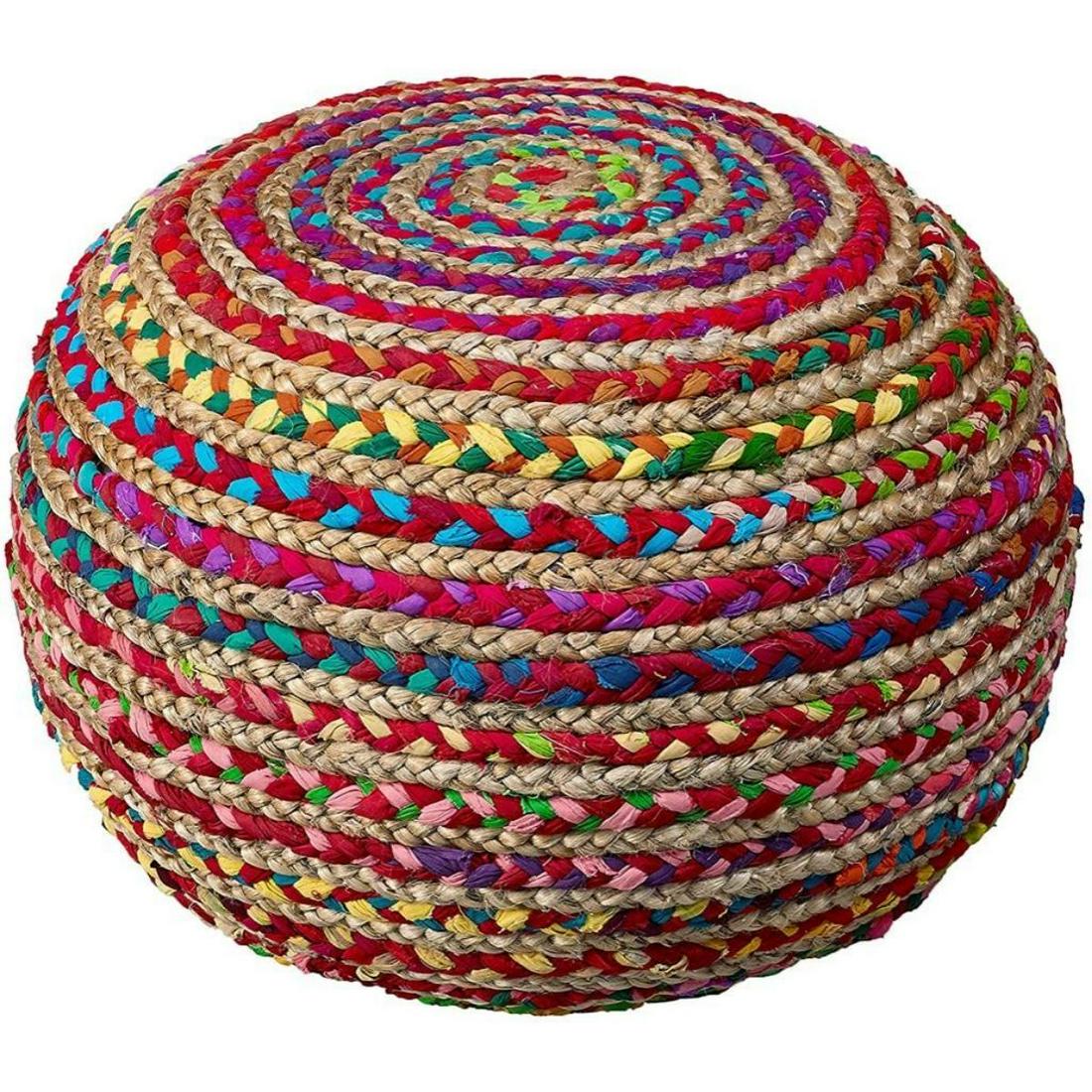 Multi-color Braided Pouf Ottoman: Hand-knitted, braided jute and cloth pouf, ottoman. Bright multi-color. Made by artisans in Mirzapur, India. 20" X 20" X 16".