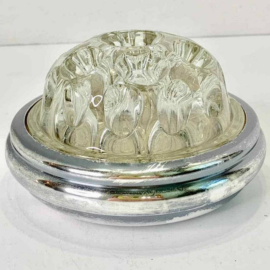 Christofle French Silverplate Flower Frog: Vintage Christofle French silver-plate & glass Gallia flower frog. Christofle Gallia hallmarks on bottom & numbered 348. 4 3/4" D X 3" H. * the inside base has wear & needs to be polished.