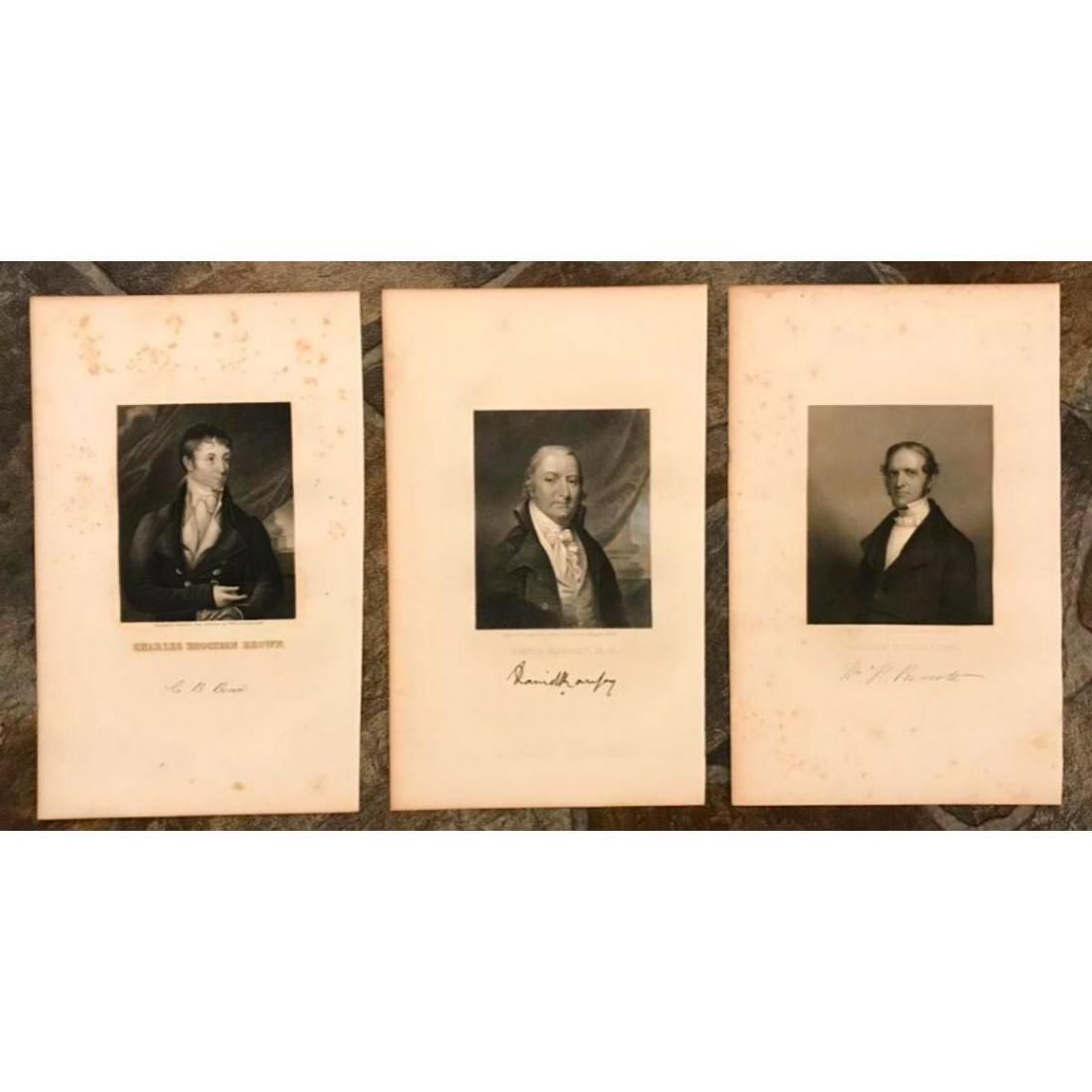 Steel Engravings, Famous 18thc Gemtlemen, Author, Historians: Group of 19th Century steel bookplates, engravings of author Charles Brockden Brown, Historican William H Prescott & David Ramsay, M.D. 6" X 10" each. * two of the pair with scattered foxing, per phot