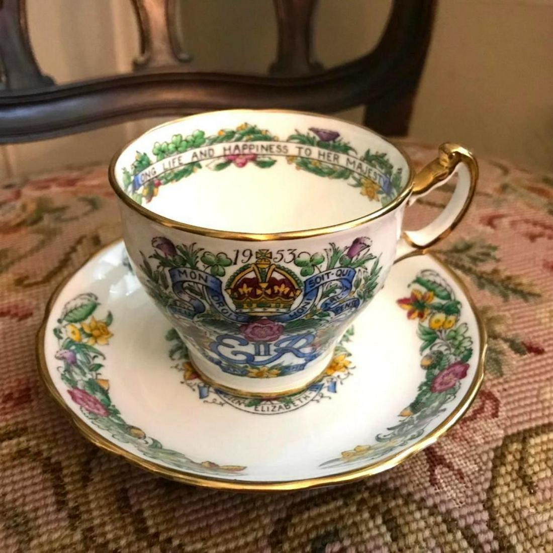 Rare Queen Elizabeth II 1953 Coronation Souvenir Tea Cup: Rare limited edition, numbered piece, Queen Elizabeth II 1953 Coronation souvenir tea cup & saucer set. Hammersley bone china, Made in England. Inscribed banner on the inside lip reads - "Long Life An
