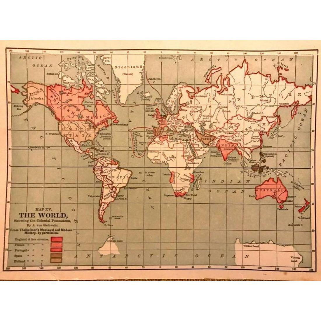 Late 19thc Map, Thalheimer's The World, Colonial Possessions (1 of 2)