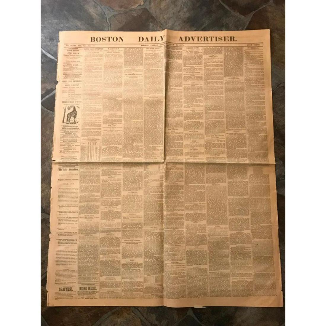 1874 Boston Daily Advertiser Newspaper, General Sherman, PT Barnum (1 of 7)