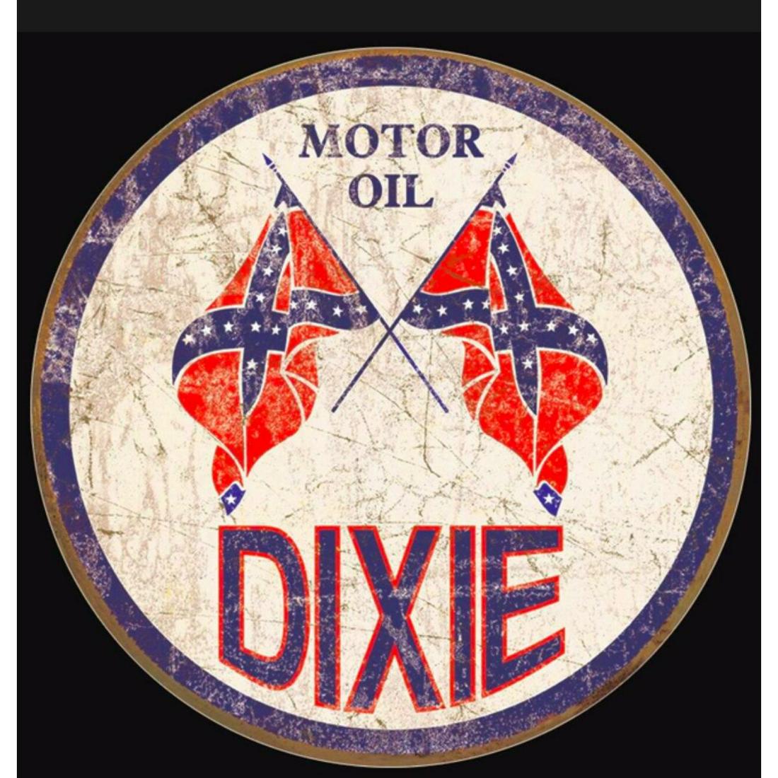 Dixie Motor Oil Metal Garage Sign: Dixie Motor Oil metal garage sign. Pre-drilled holes for mounting. 11 3/4" D.