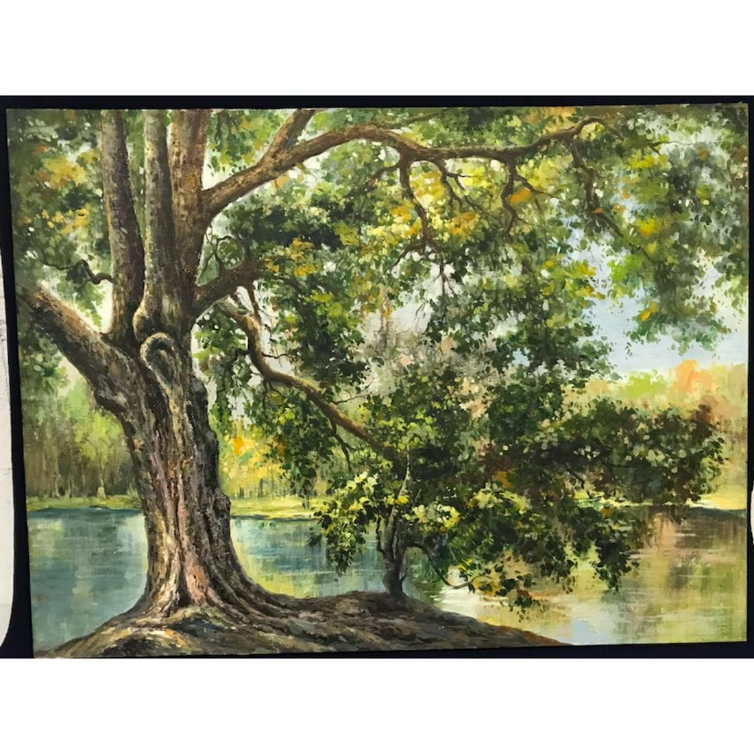 River Scene, Oak Tree Landscape Oil Painting (1 of 3)