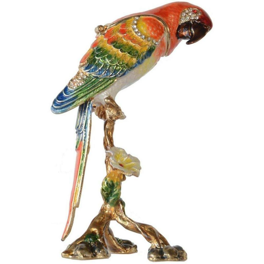 Macaw Parrot Bird Trinket Jewel Box: Colorful macaw parrot bird trinket jewel box. Enamel & gilt over pewter, with embedded Austrian crystals. The head of the bird lifts up on a hinge ( with magnetic closure ) to reveal an enameled inter