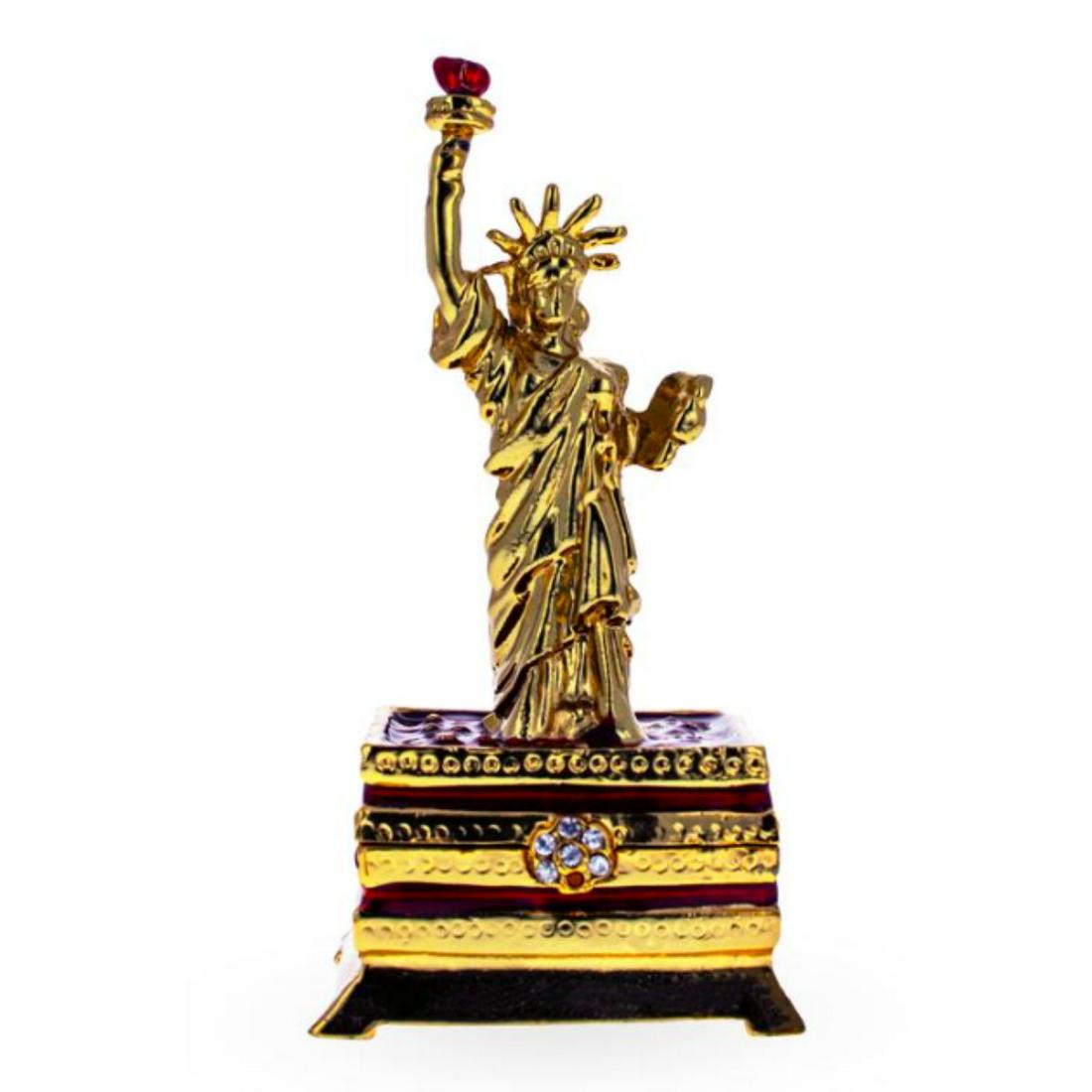 Statue of Liberty New York City Trinket Jewel Box: Statue of Liberty New York City trinket, jewel box. Enamel & gilt over pewter with inset Austrian crystals. Opens at center, with magnetic closure, to reveal an enameled interior for storing trinkets