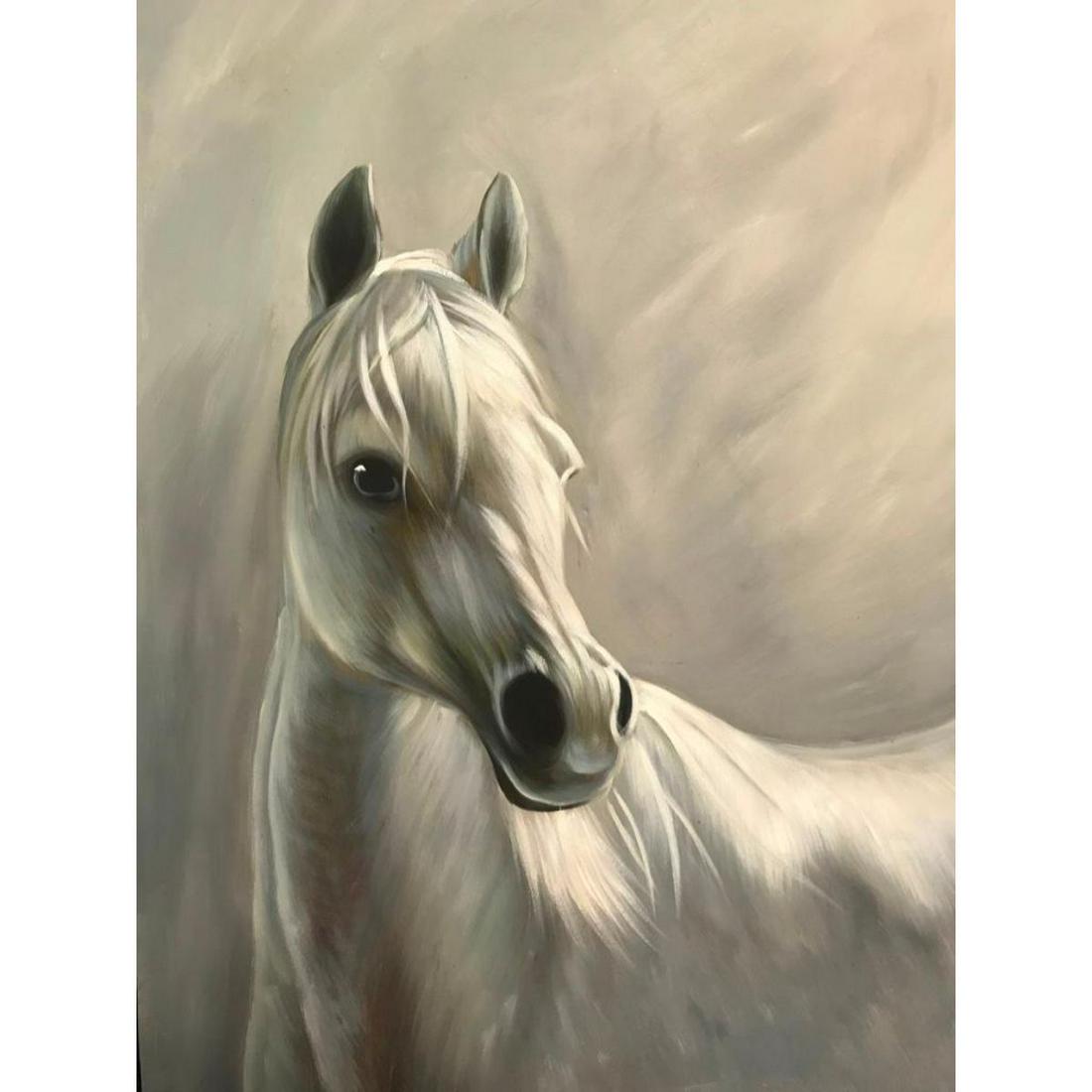 Arabian Stallion Horse Oil Painting: 20th Century oil on canvas painting of a Arabian Stallion. Created by an artist from The Bianco School in the late 1990's. 24" X 36" on stretched canvas, ready to be framed.