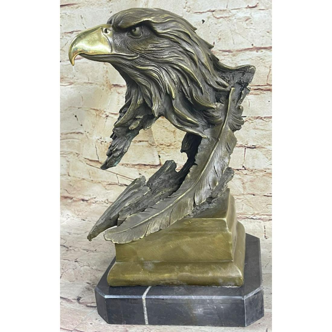 Life Size Signed Bronze Eagle Sculpture: Life sized original signed sculpture, Bald Eagle. Lost wax casting method bronze, with aged brown patina, mounted on a marble base. Signed by the artist, Fisher, at base. 12" H X 9" W. 12lbs.