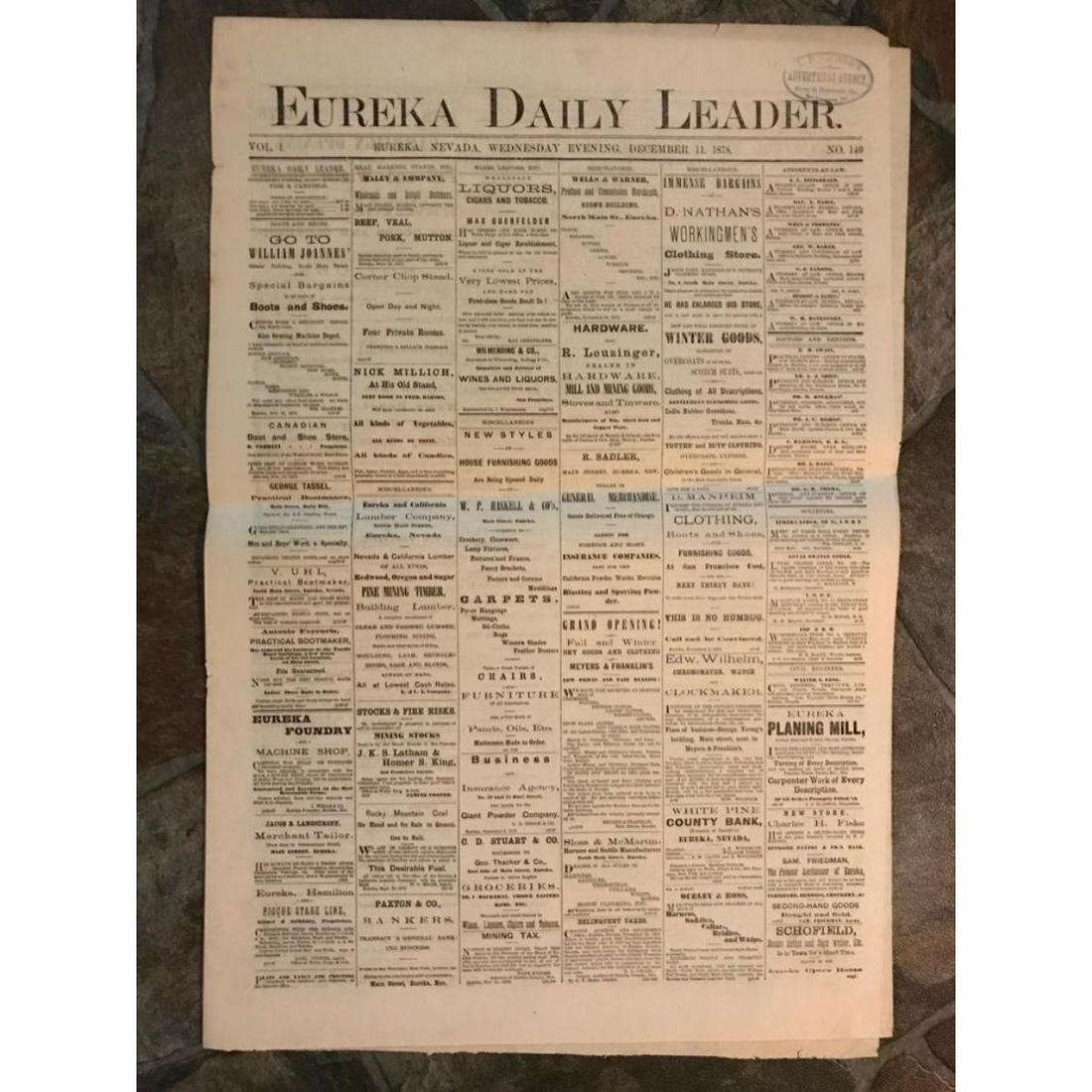 1870's Wild West Nevada Newspaper: 19th Century Wild West Nevada newspaper, Eureka Daily Leader, Eureka, Nevada, December 11th, 1878. 4pgs. News of the day & interesting ads for dry goods, mill & mining goods, watch makers, opera house