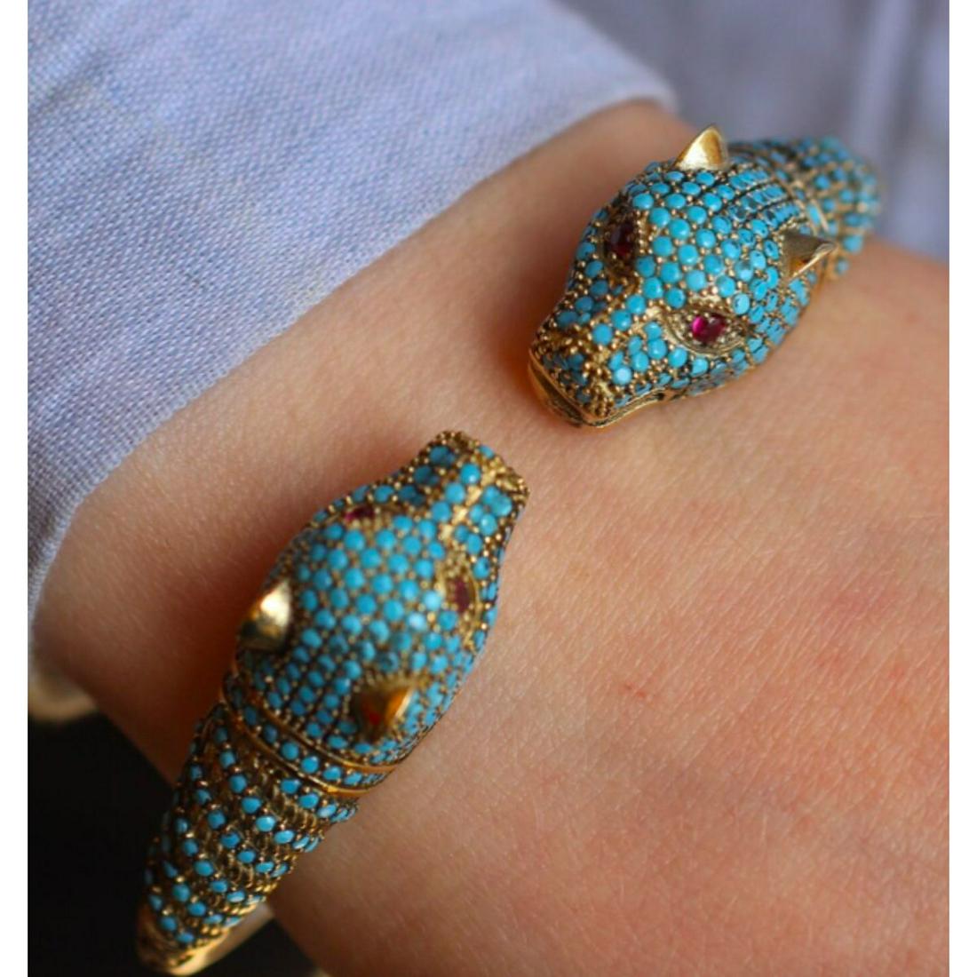 Turquoise Sterling Bronze Panther Head Bracelet (1 of 5)