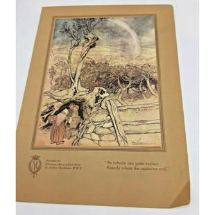 Early 1900's Arthur Rackham Lithograph: Early 1900's book plate tipped-in color lithograph print. Children Hiding, Away from the Village - by Arthur Rackham. Printed for Princess Mary's Gift Book. "So nobody can quite explain Exactly where