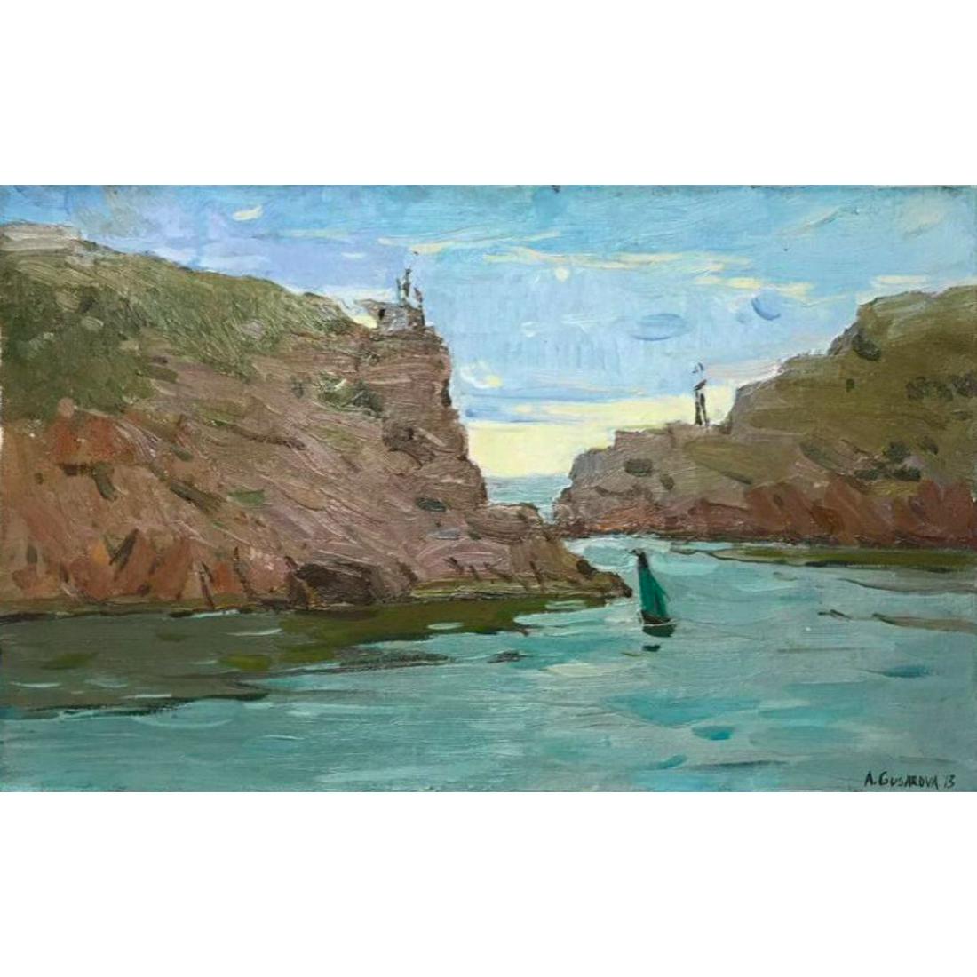 Ukrainian Impressionism, Seascape Oil Painting: 21st Century Impressionist Seascape, oil painting on un-stretched canvas by Ukrainian artist Anna Gusarova. Signed by the artist, lower right, A. Gusarova '13. Signed on the reverse as well Anna Gusar