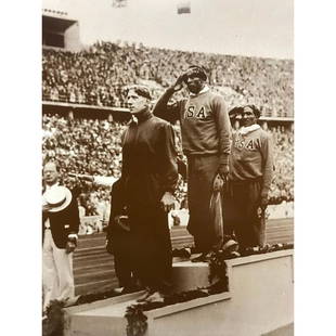 African American Olympic Games History, Jesse Owens: African American History, Black Americana theme. 1936 Olympic games in Berlin Germany. Jesse Owens receiving gold medal. Sepia tone photo print, on heavy card stock. In original packaging from The Ame