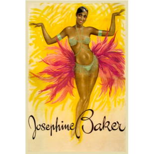 Josephine Baker Color Lithograph Print: Vintage-style color lithograph print of famous performer Josephine Baker. 12" X 16" suitable for framing.