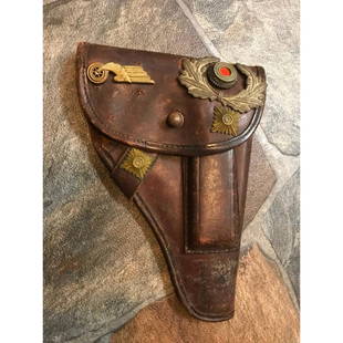 Rare World War II Decorated Holster: Rare World War II decorated leather holster, collector's item. Possibly a USGI souvenir, with captured items attached, brought back from the war. Brown leather flap top holster, unmarked, in service w