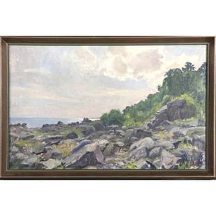 20thc Signed Danish Coastal Landscape Oil Painting: Listed artist, Erik William Johnson. ( Danish 1886-1948 ) "Coastal Landscape", oil on board, signed lower right, 15 1/4" X 24". In original wood frame.