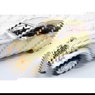 1950 Citroen Model Car Sculpture: 1950 Citroen Die-cast model car sculpture. Handmade from plastic die-cast metal with moving parts & accurate decals. Purposeful antiquing with rusting, scratching & peeled off painting to create vinta