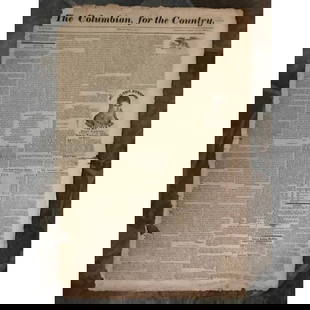 Rare 200+ Year Old New York Newspaper: Rare, original, early 19th Century newspaper, a title originally published from 1818 - 1821. New York, May 18, 1819 edition of The Columbian For The Country, with articles of the day, including one of