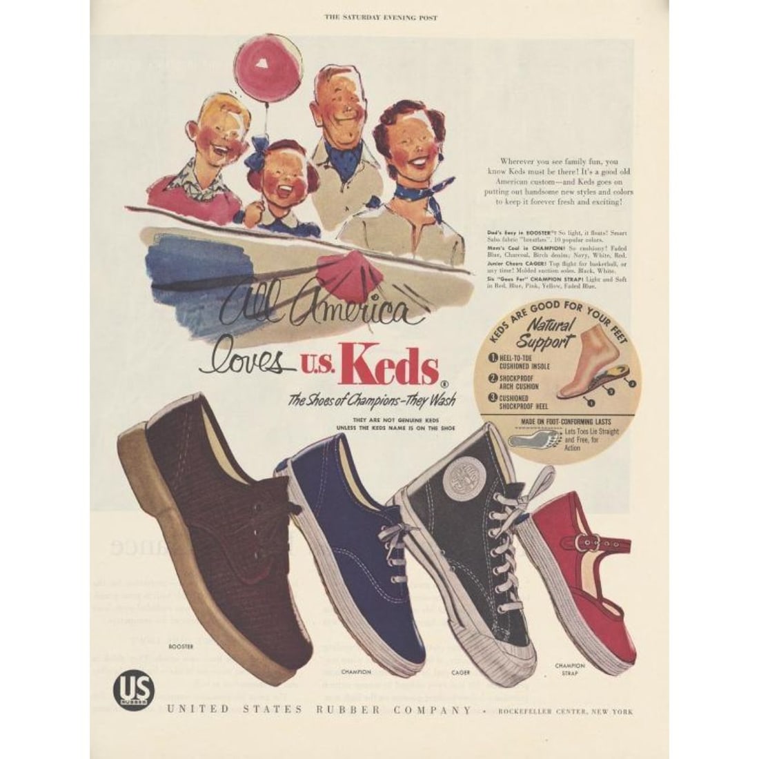 Mid Century Keds Shoes Magazine Advertisement: Mid 20th Century, 1950's Keds Shoes, United States Rubber Company advertisement from a copy of the Saturday Evening Post. 10 1/2" X 13 1/2" mounted on linen canvas backing for preservation.