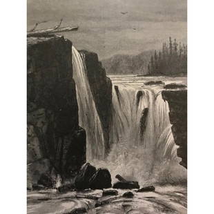 19thc Engraving, Willamette Falls, Oregon: 19th Century engraving of an illustration by Robert Swain Gifford of the southern side of Willamette Falls, a waterfall on the Willamette River in Oregon. From an 1872 edition of Picturesque America b