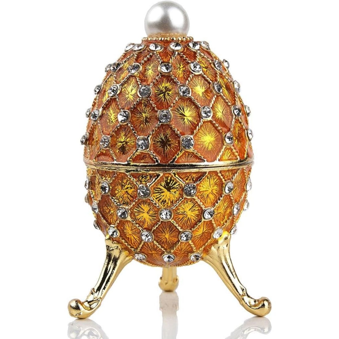 Faberge Style Golden Trinket Jewel Box Egg: After the jeweled eggs created by Carl Faberge for the Russian Royal family, little golden egg, footed trinket, jewel box. Enamel & gilt over pewter, with embedded Austrian crystals. The little egg op