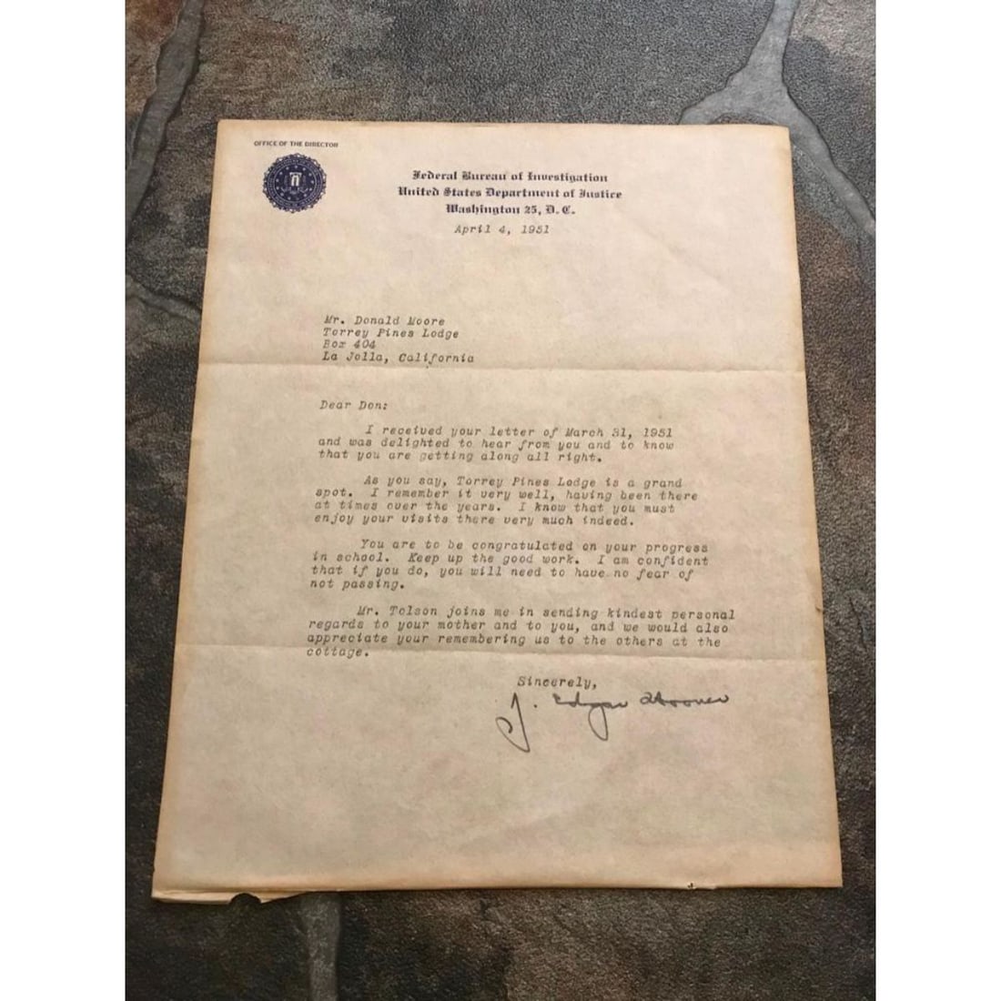 1951 J Edgar Hoover, Fbi Stationary Signed Letter, Clyde Tolson Auction