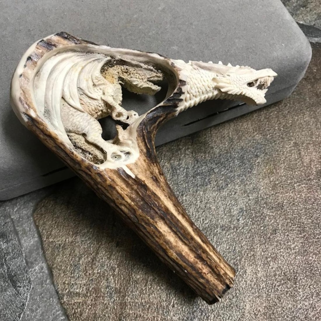 Double Dragons Carved Deer Antler Walking Stick Cane Handle: Hand-carved shed deer antler, walking stick or cane handle. Smaller winged dragon with claws, carved inside the rounded handle of another snarling dragon head. Spectacular display piece. 4 1/2" W X 5