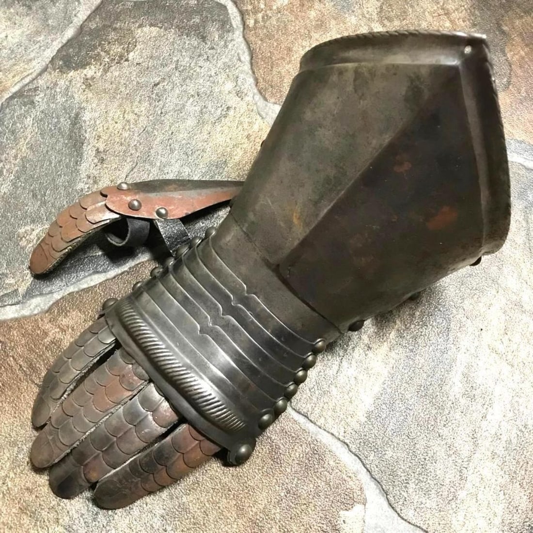 Victorian Era Armor, Knight's Gauntlet Armour: Victorian era piece of armor, display armour, knight's gauntlet for the left hand. Very well wrought, with individual fingers and thumb, and brass studs. Excellent detail throughout including embossed