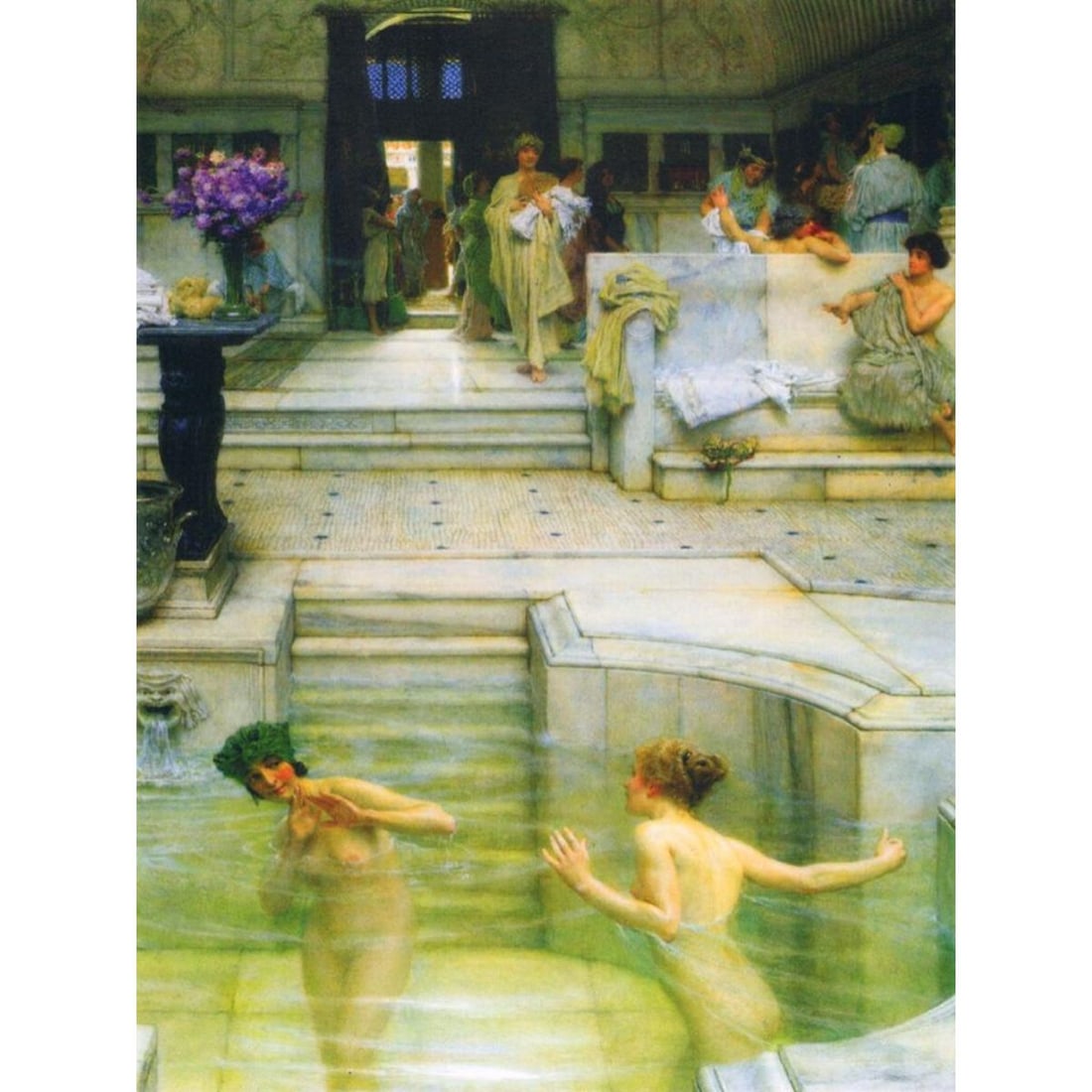 After Alma Tadema, Baths of Pompeii Ceramic Art Tile: After Sir Lawrence Alma-Tadema ( Dutch, 1836 - 1912 ) original 1909 painting, A Favourite Custom, glossy ceramic art tile. 6" X 8". *** Art Tile Murals are custom made to order and usually arrive to u